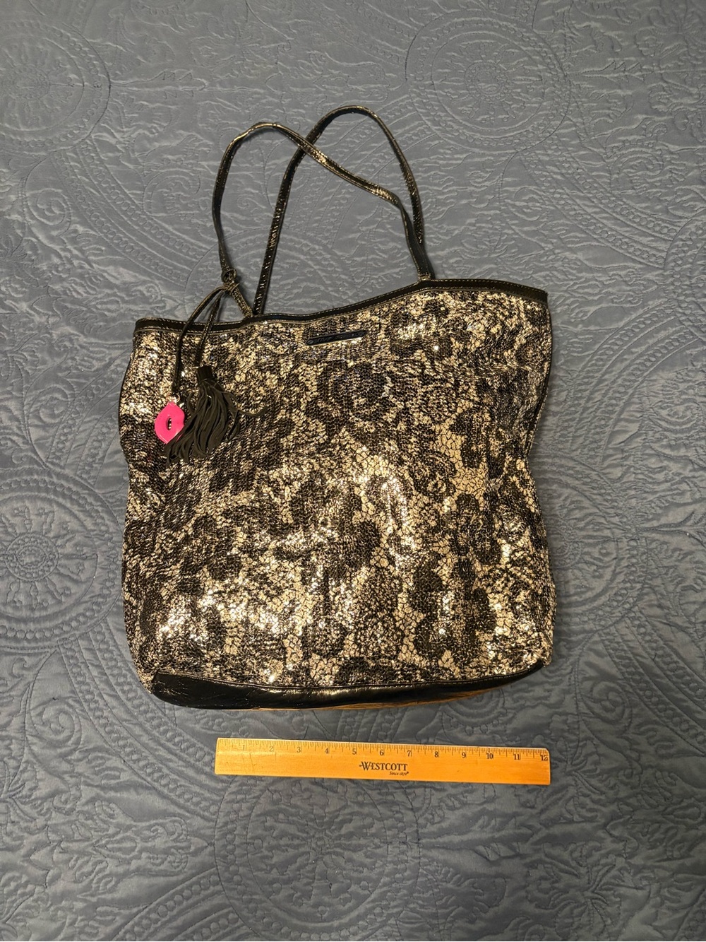 Betsey Johnson Metallic Floral Sequin Tote Bag - Silver and Black